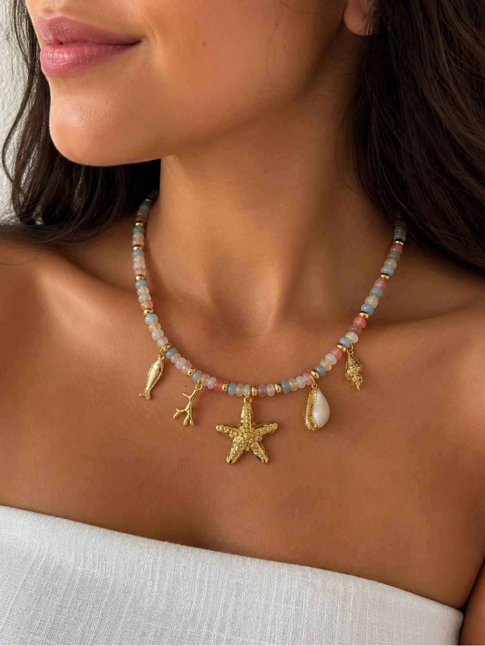 On 34Th Sea Charm Beaded Statement Necklace, 16" + 3" extender. NEW